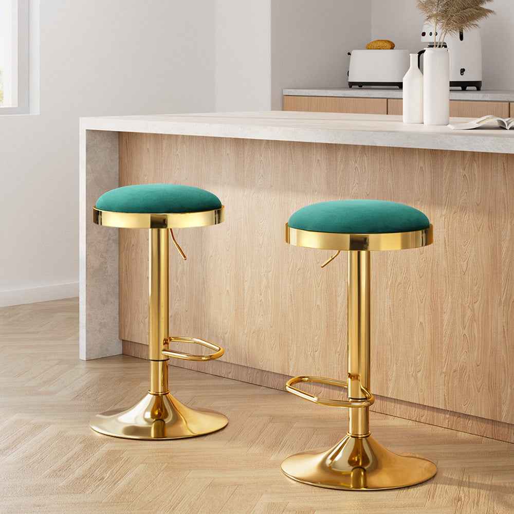 2x Artiss Bar Stools Kitchen Dining Chairs Velvet Padded Stool Green