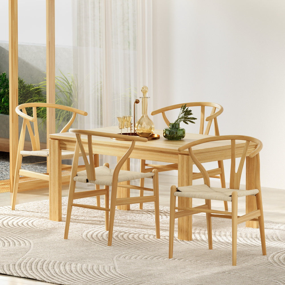 1 Set of 4 Artiss Dining Chairs Wooden Rattan Seat Wishbone Back