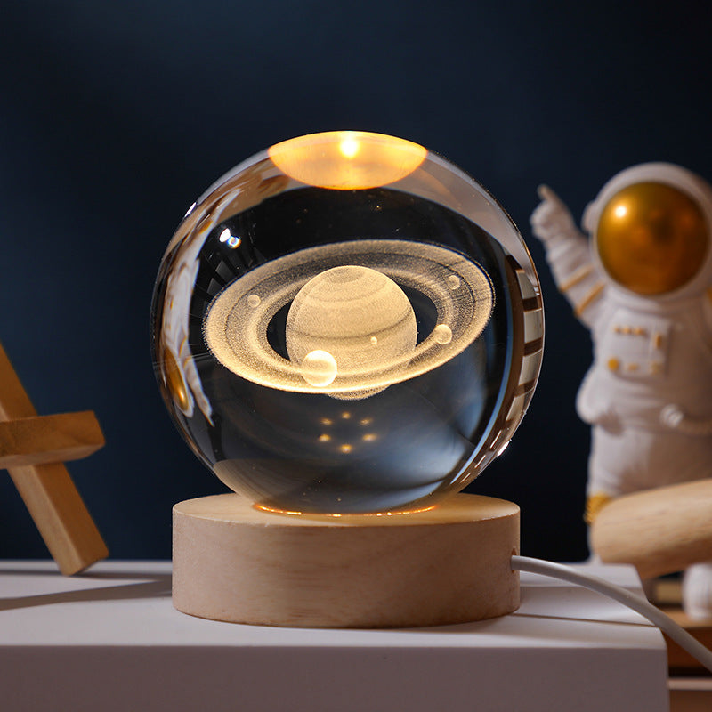 3D Saturn Pattern Crystal Ball Lamp with Round Base & Gift Box Majestic Celestial Night Light