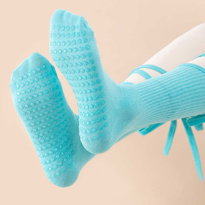 3 Pcs Blue Non-Slip Yoga Socks with Cross Straps - Cotton Pilates Dance Socks for Women, Lightweight Comfort